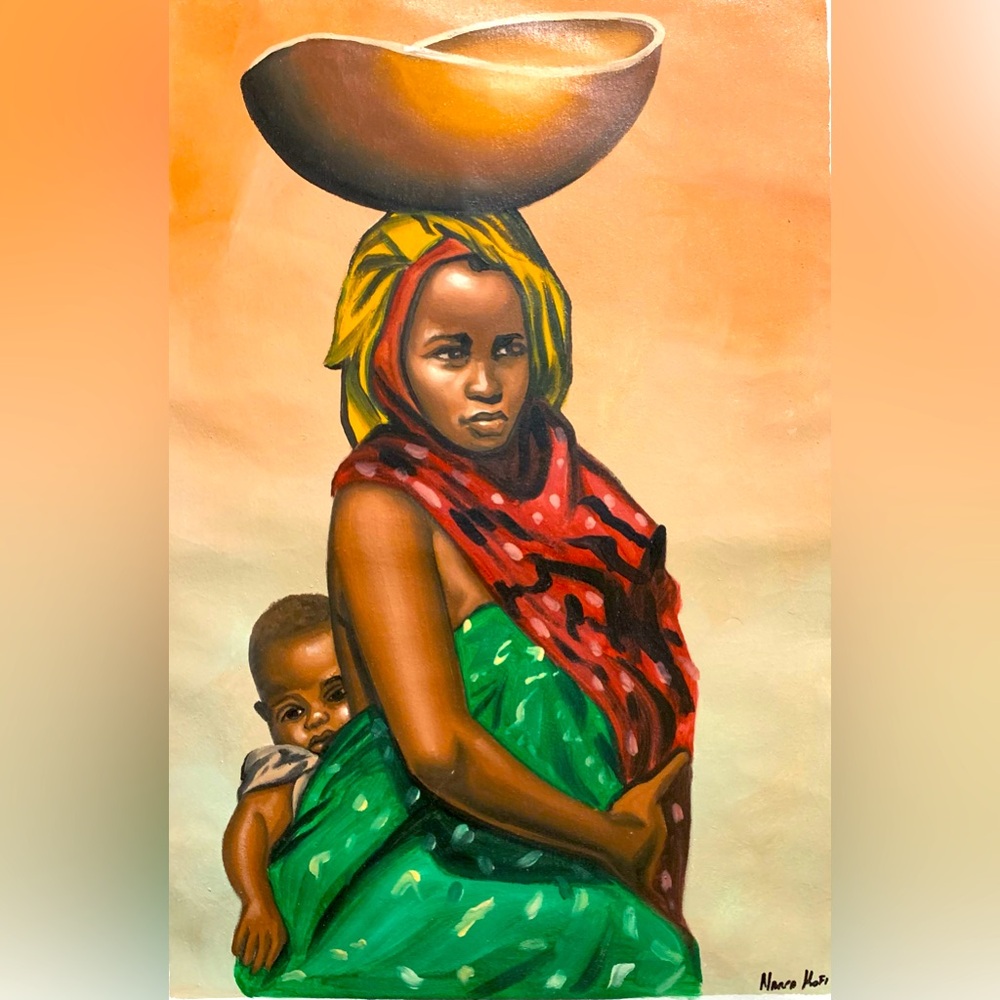 African Canvas Hand Painted Art - Young African Mother & Child